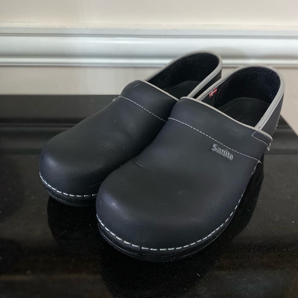 Sanita Black Leather Slip-On Clogs